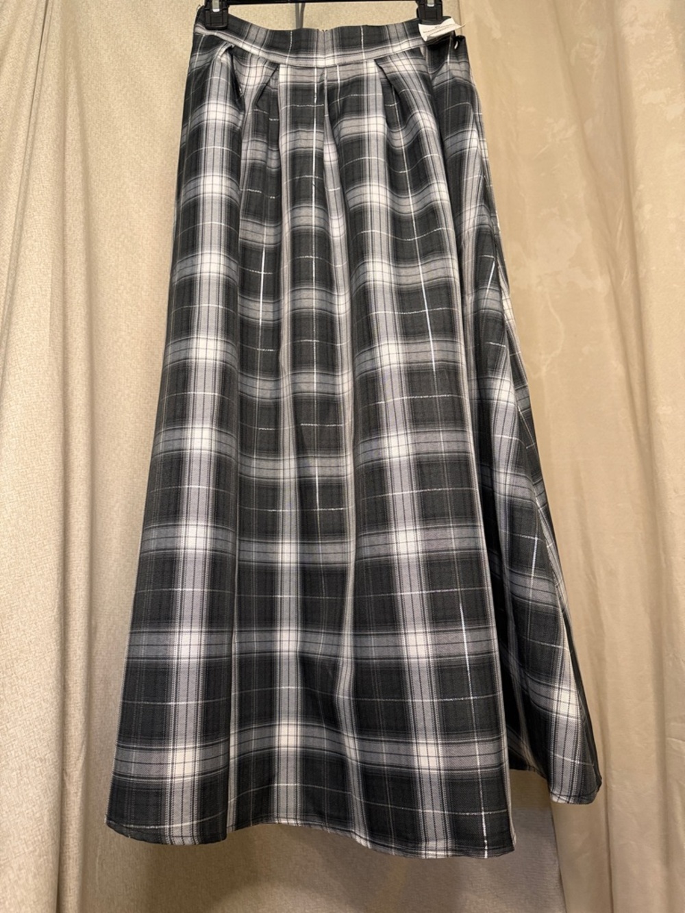 Women's Black & White Plaid Maxi Skirt - Pleated A-Line